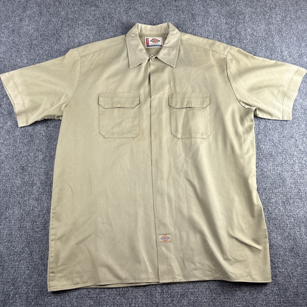 Dickies Men's Short Sleeve Twill Button Up Shirt Beige Size XL
